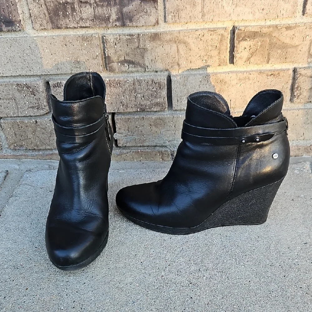 UGG Black Leather Wedge Ankle Boots
